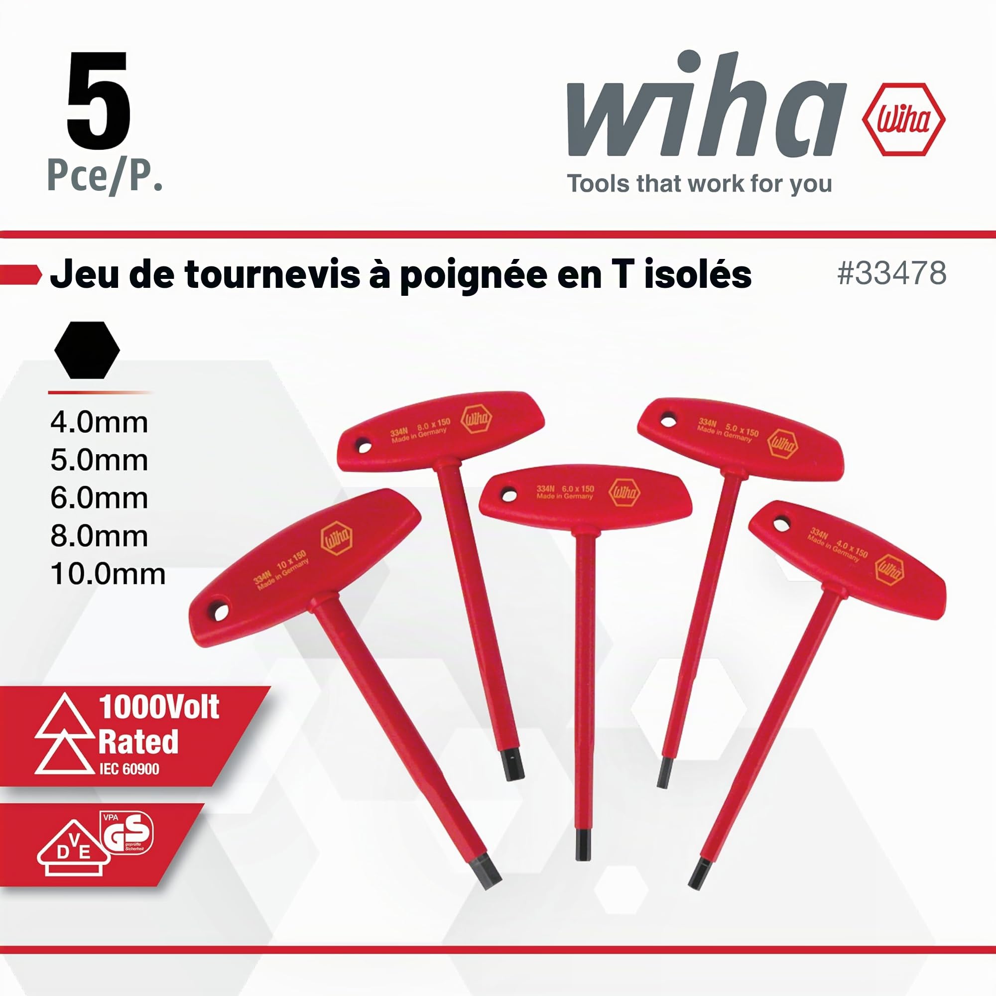 Wiha 33478 isolée hexagonale avec manche en T métrique avec ensemble de 4.0, 5.0, 6.0, 8.0 et 10,0 mm, 5 pièces