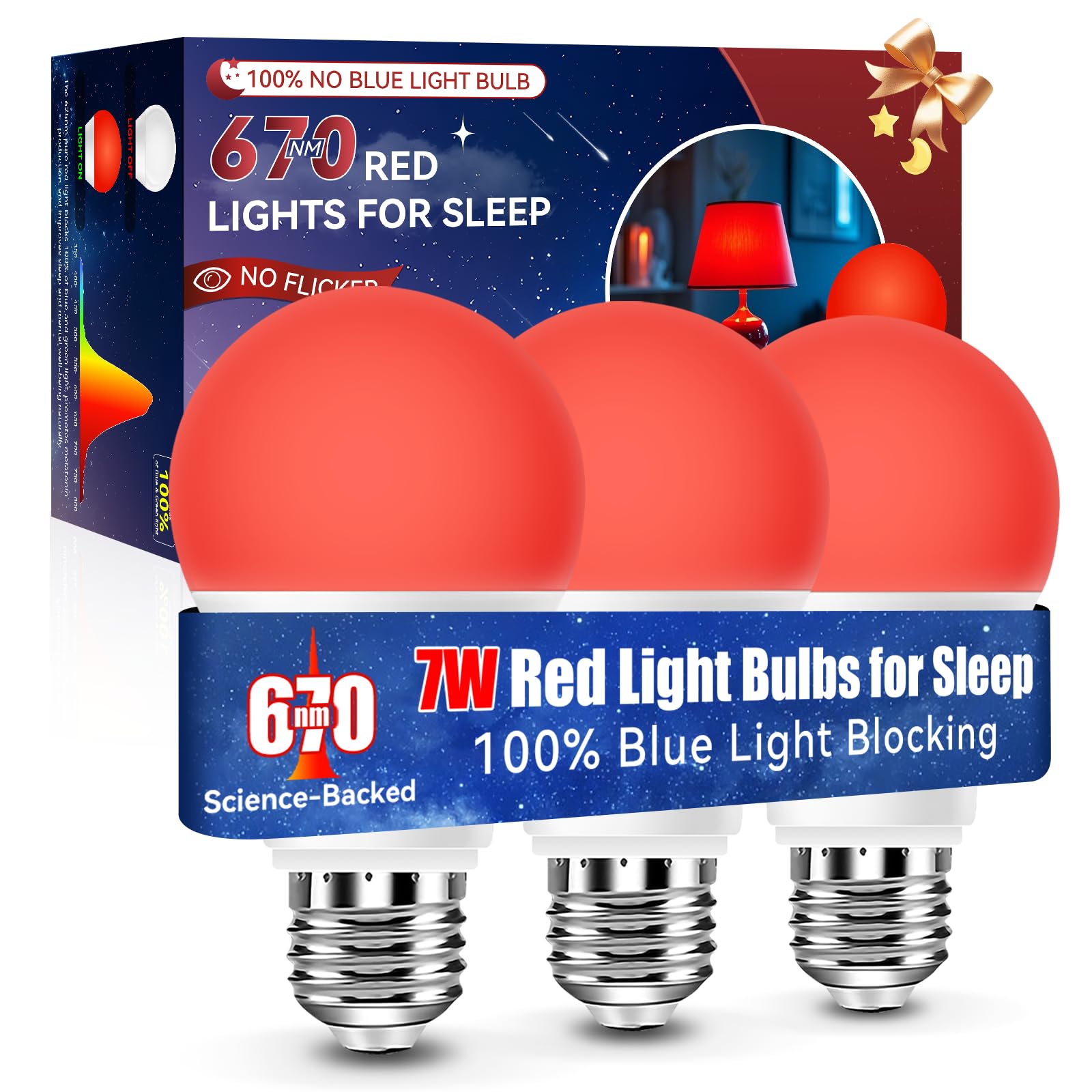 Neporal Red Light Bulbs for Sleep Aid—670nm Ture Blue Light Blocking—7W 3PK