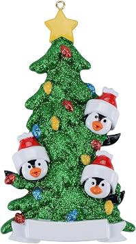 Penguin Family of 3 Personalized Christmas Ornament 2026 Glittered Tree
