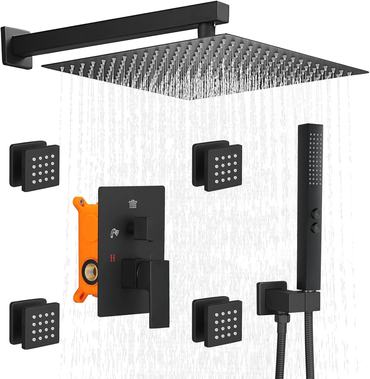 RUMOSE Rainfall Shower System with 4 Full Body Jet 4 Mode Shower Faucet Set with 12 Inch Rain Shower Head and 2 in 1 Handheld Spray, Matte Black Brass Shower Jet Shower Fixtures, Wall Mounted