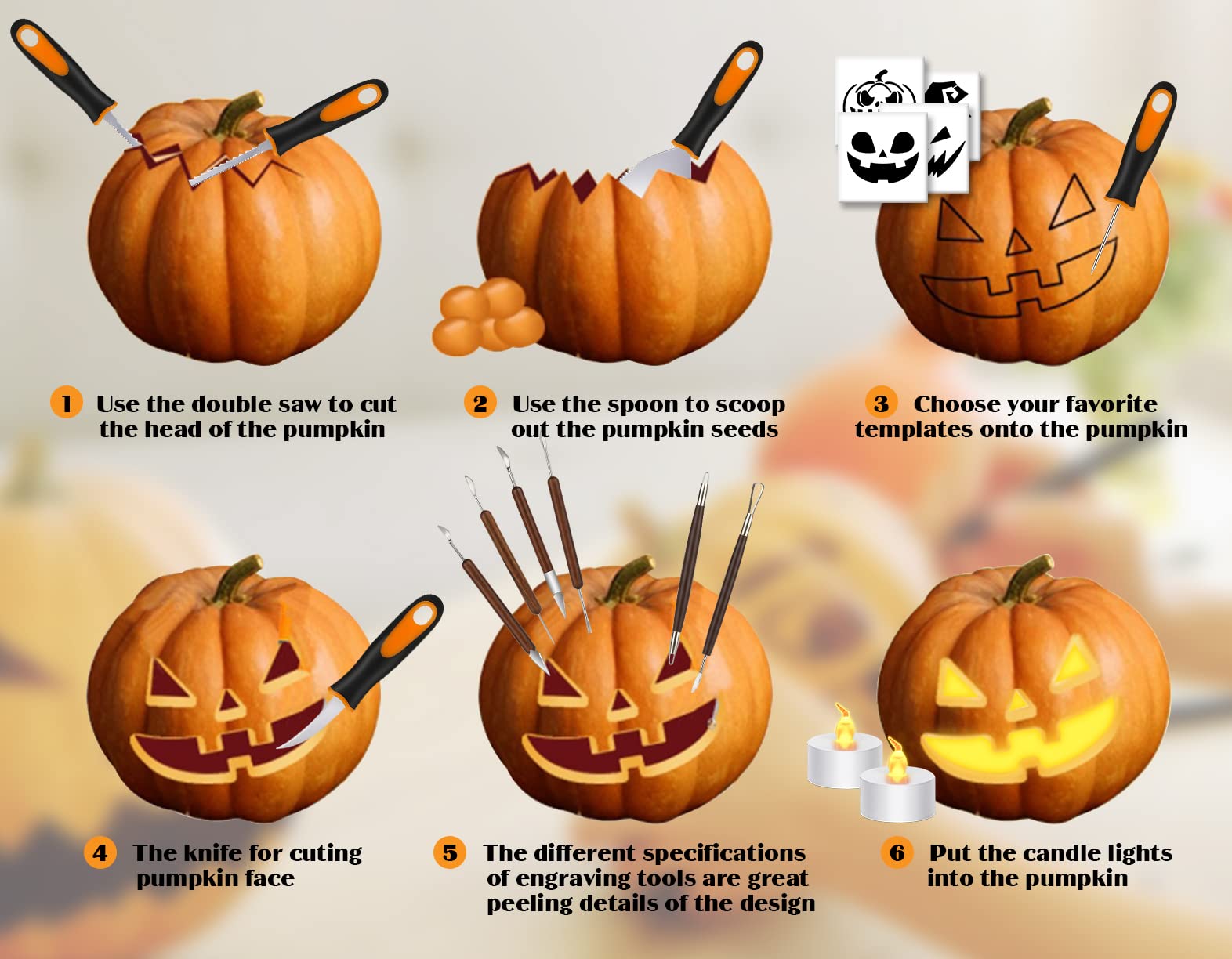 Kit per intagliare la zucca 28 pezzi acciaio inox stencil Halloween
