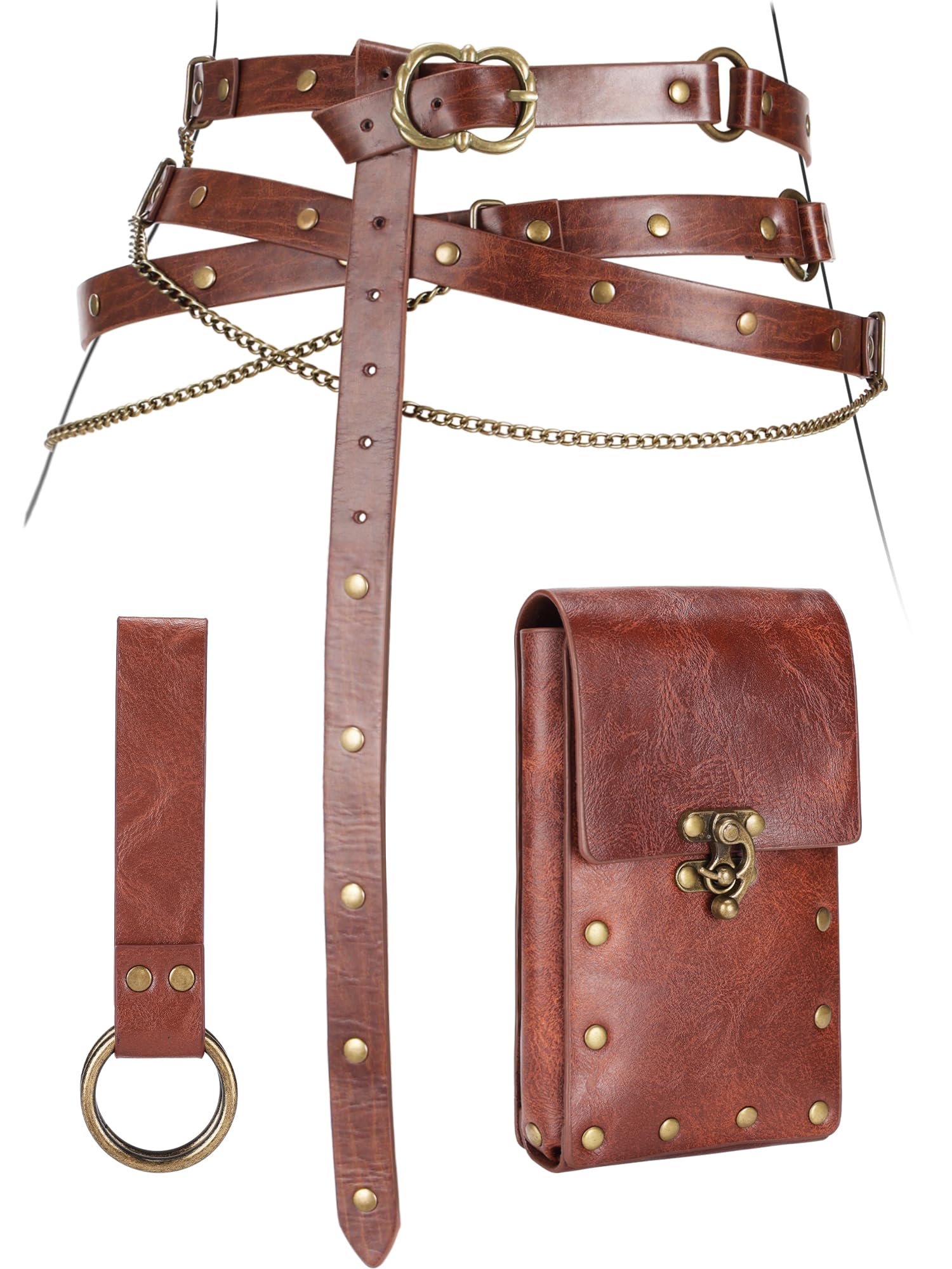 Ultrafun 3pcs Renaissance Belt Accessories Faux Leather Medieval Viking Chain Belt Bag Skirt Hike Ren Faire Costume Accessories (Brown)
