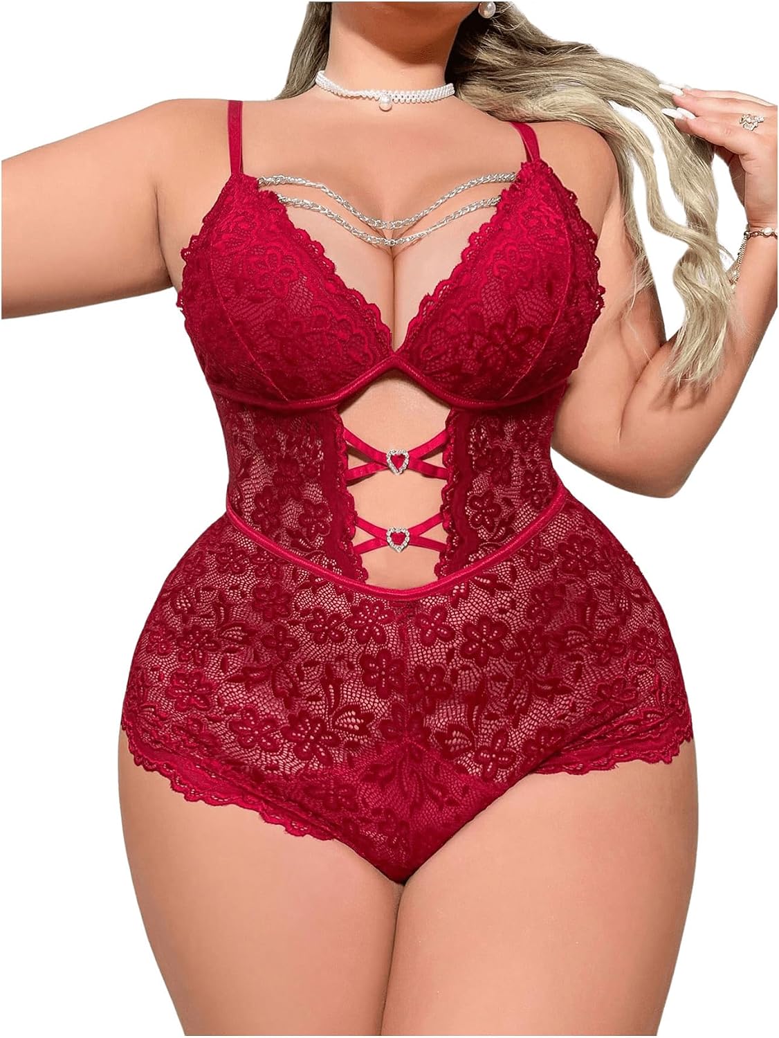 Milumia Plus Size Sexy Lingerie for Women Floral Lace Bodysuits with Chain Rhinestone Cut Out One Piece Nightgown Sleepwear