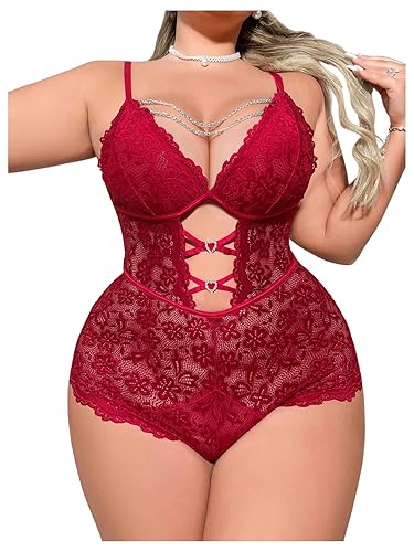 Milumia Plus Size Sexy Lingerie for Women Floral Lace Bodysuits with Chain Rhinestone Cut Out One Piece Nightgown Sleepwear