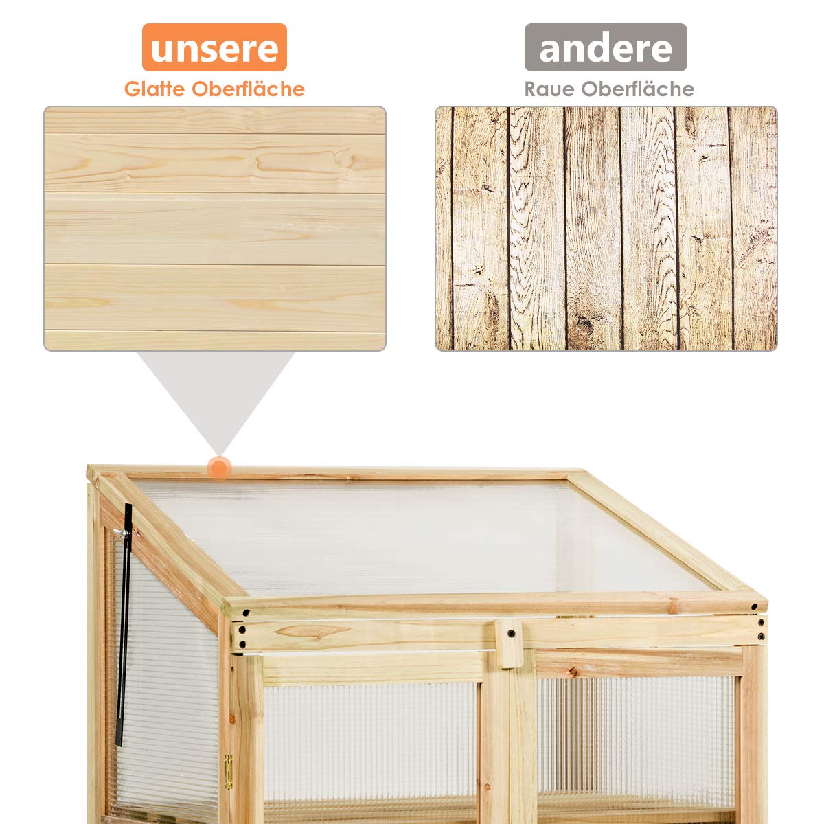 COSTWAY 3 Etagen Frühbeet Holz, Hochbeet wetterfest, Gewächshaus mit 2 Türen & Deckel, Polycarbonat-Fenster, Pflanzenbeet Aufzuchtschrank Treibhaus, für Garten Balkon, 60 x 45 x 100 cm, Natur