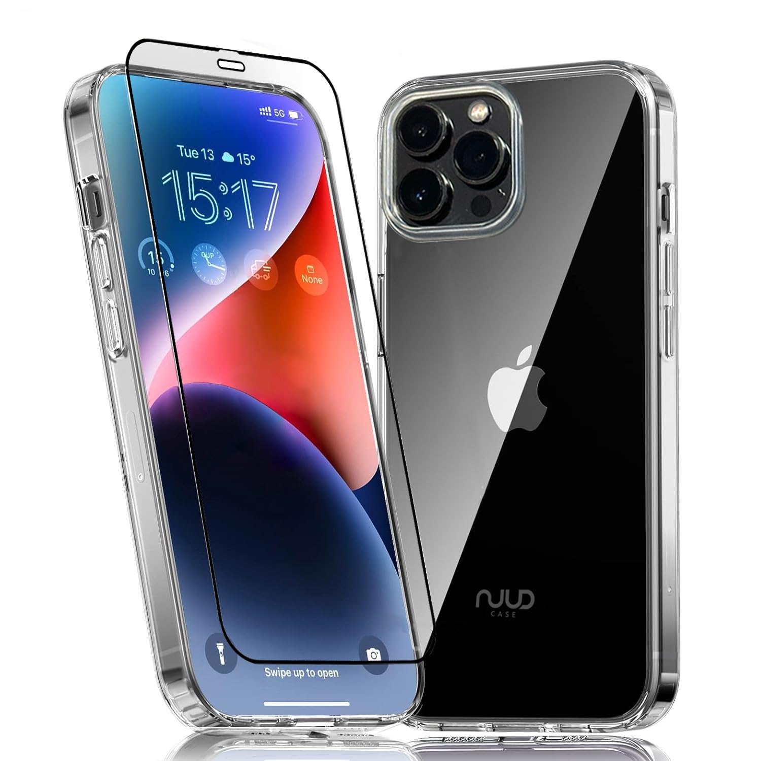 NuudUltra-Thin Crystal Clear iPhone 14 Pro Max Case with 9H Hard Tempered Glass Screen Protector, Military-Grade Drop Protection, Raised Edges for Screen and Camera Protection (Clear)