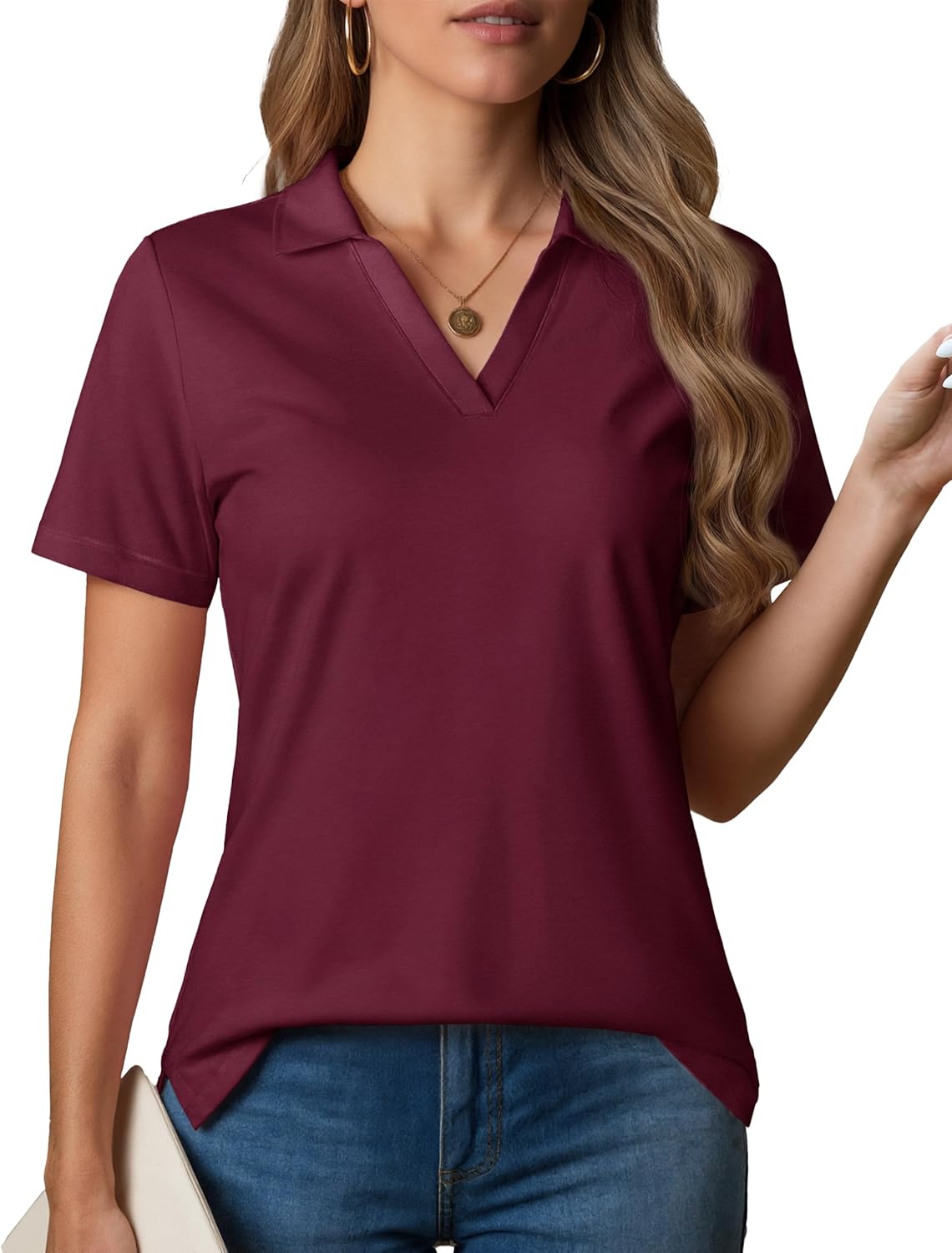 MAGCOMSEN Women's Polo Shirts V-Neck Short Sleeve UPF 50+ Sun Protection Collared Golf Shirt Work Summer Tops