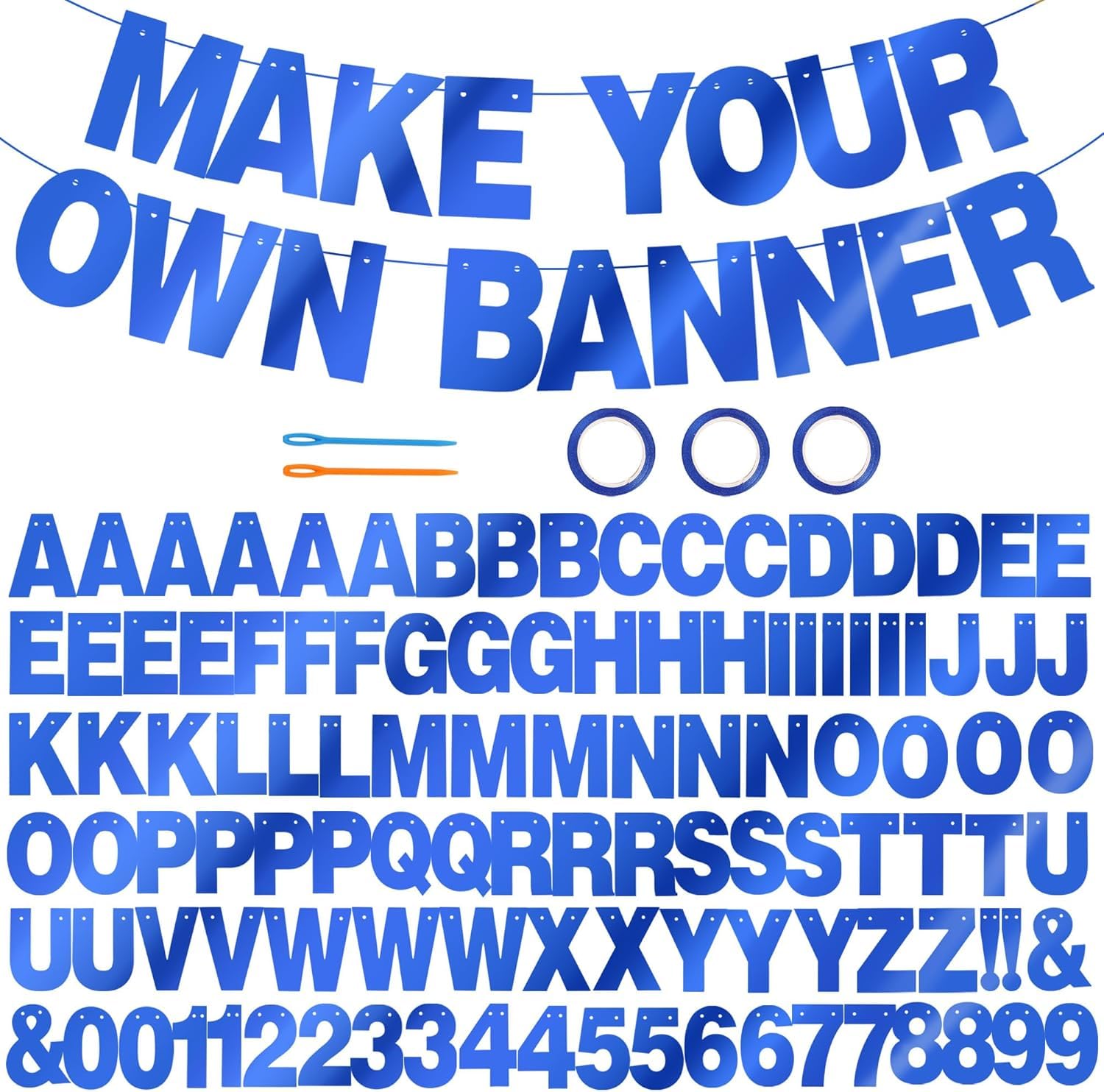 DecoGlee 116 PCS A-Z Glitter DIY Letter Banner Kit Make Your Own Banner，Including 111 Letters and Numbers 3 Rope and 2 Threading Device,Customized for Birthday Graduation Wedding Double-sided Blue