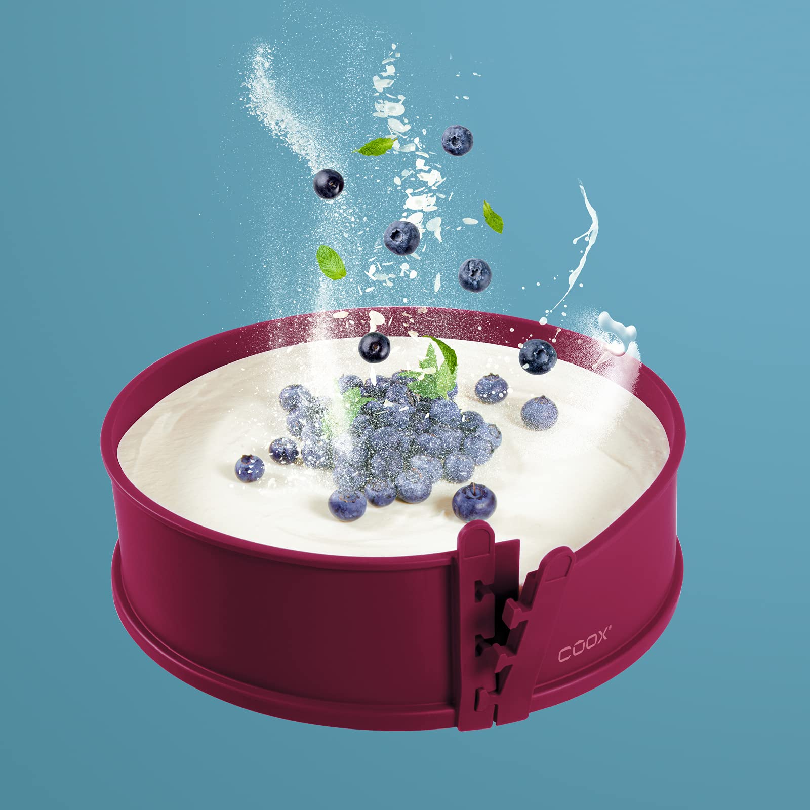 coox Moule à charnière avec base en porcelaine de diamètre 26 cm de diamètre en rouge foncé, cuire et servir et couper directement sur l'assiette en porcelaine, aucun transfert nécessaire