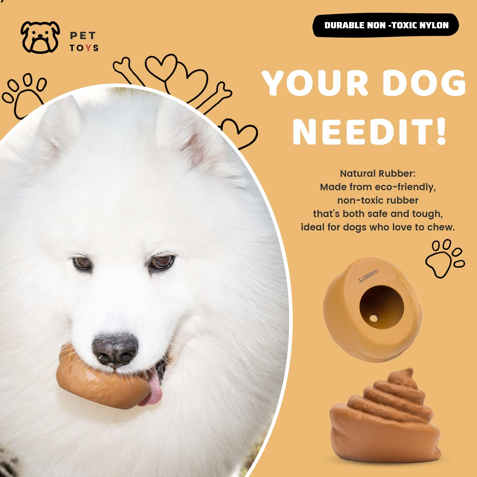 Juguetes de rompecabezas para perros, dispensador de golosinas de goma en forma de caca, juguetes interactivos duraderos para perros para alimentación lenta, dentición y entrenamiento de