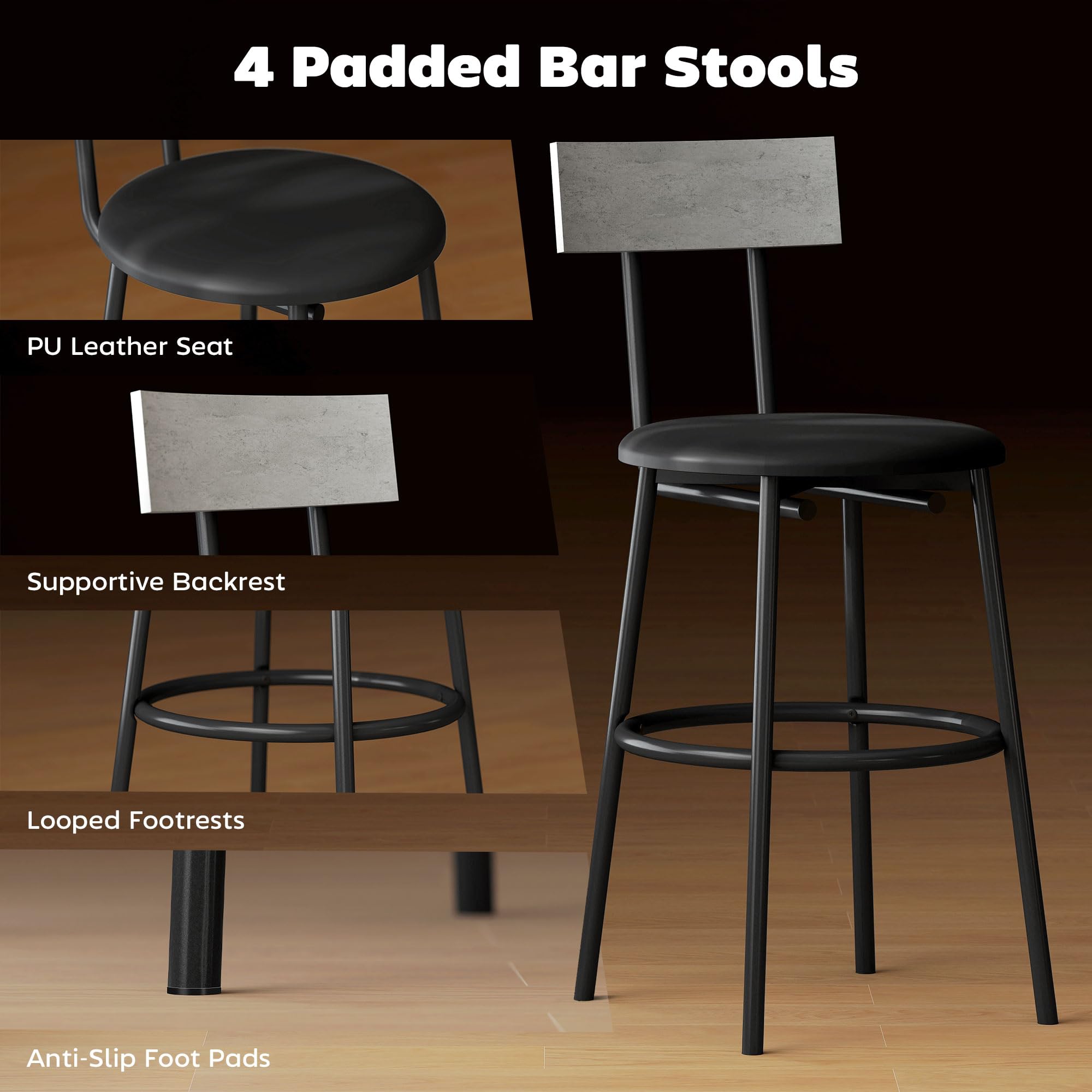 HOMCOM Juego de Mesa de Bar con 4 taburetes con tapicería de Cuero de PU, sillas de Bar y Cocina Que ahorran Espacio con Patas de Acero, Estilo Moderno, Mesa Alta con taburetes para el hogar Comedor