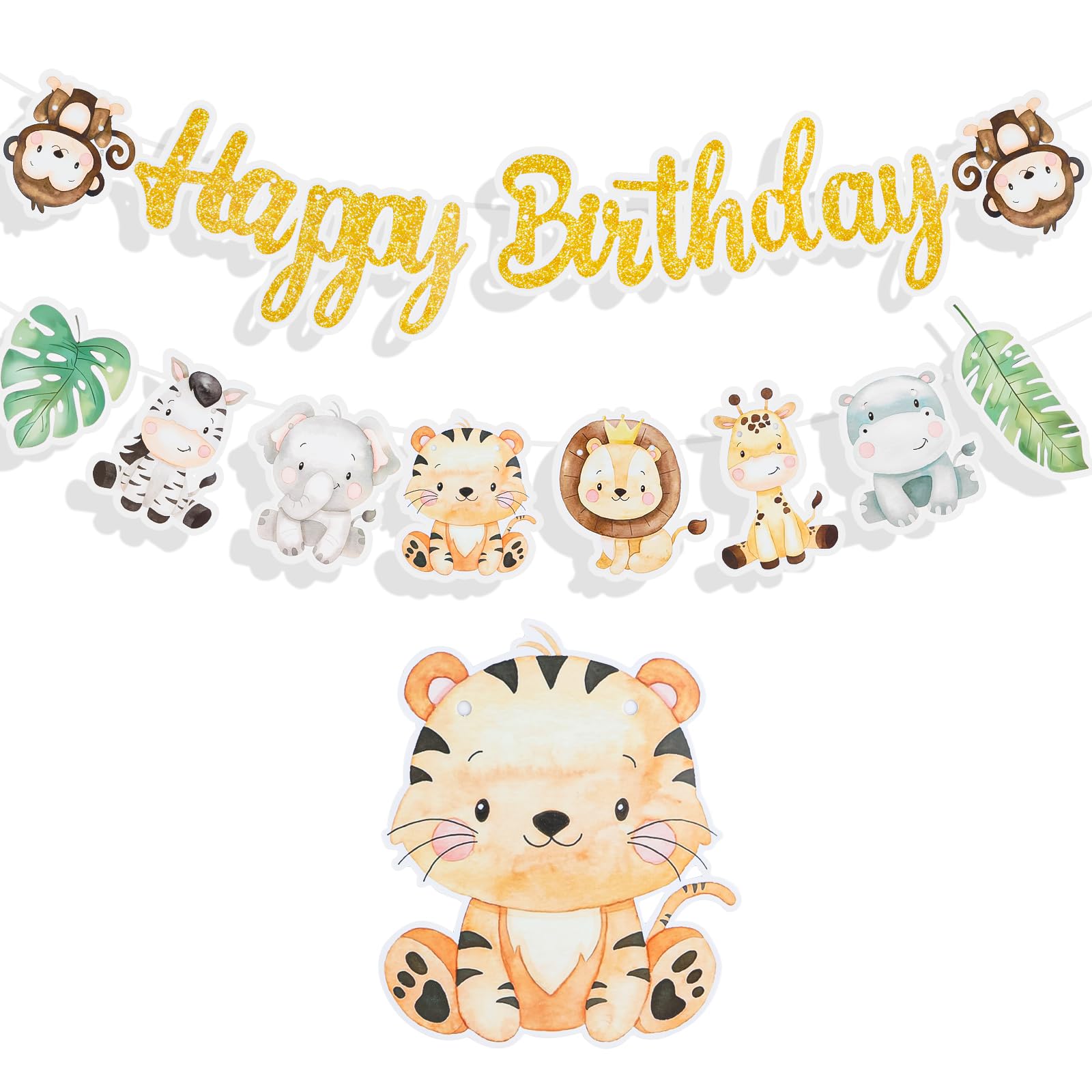 Jungle Animals Birthday Banner for Boys & Girls, Happy Birthday Bunting with Lion Monkey Elephant Giraffe, Green & Brown Party Decoration for Kids, Reusable Birthday Decor for Him