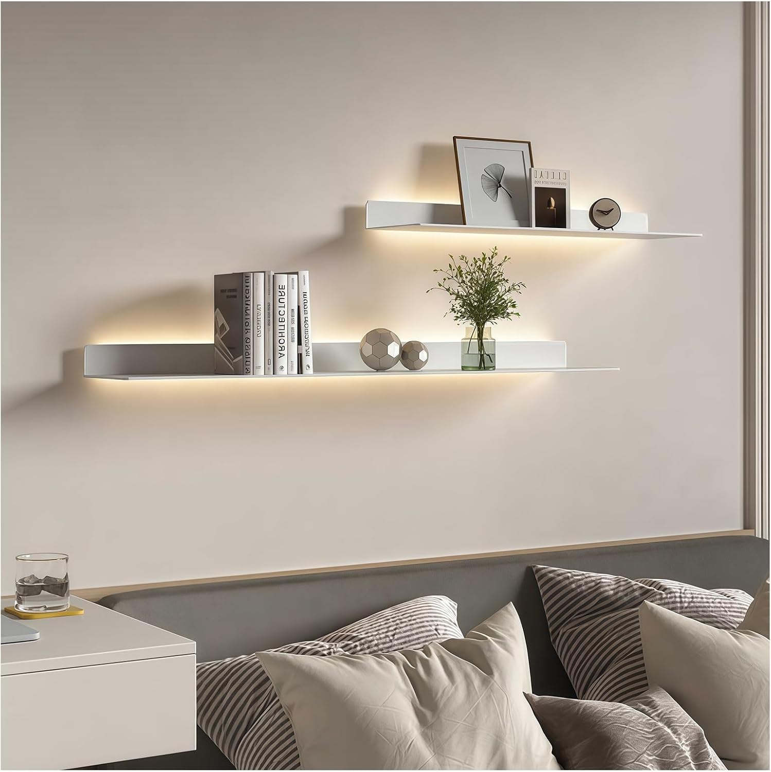 Metal Wall Mounted Floating Shelves with LED light strips Set of 2, Hanging Display Rack, Built-in Illuminated Led Light Display Shelf for Modern Living Room, Kitchen, Bathroom，Pre-Installed Wiring
