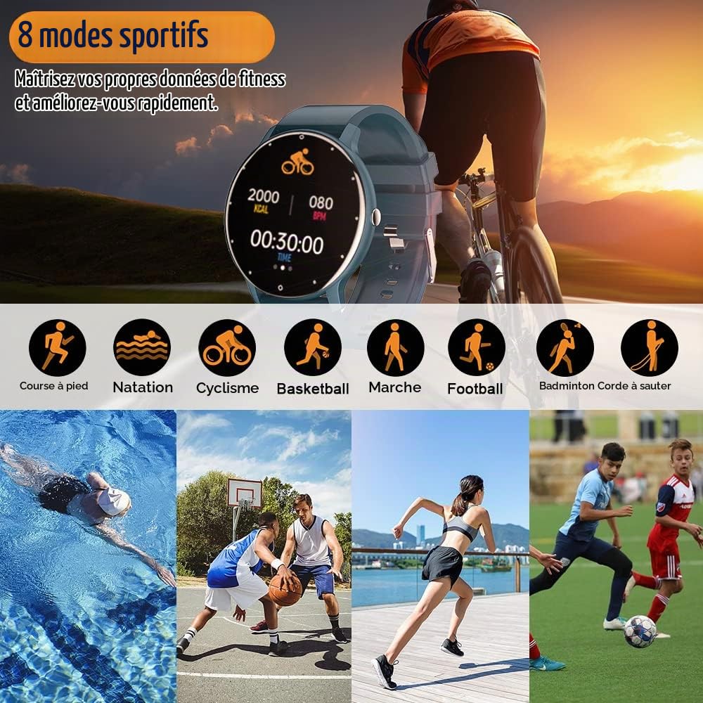 FRAKS 0,8cm Ultra Mince Montre Intelligente Traqueur Fitness Podomètre avec Fonctions Surveillance Fréquence Cardiaque, Pression Artérielle, Oxygène Sanguin et du Sommeil, Notification Push Messages