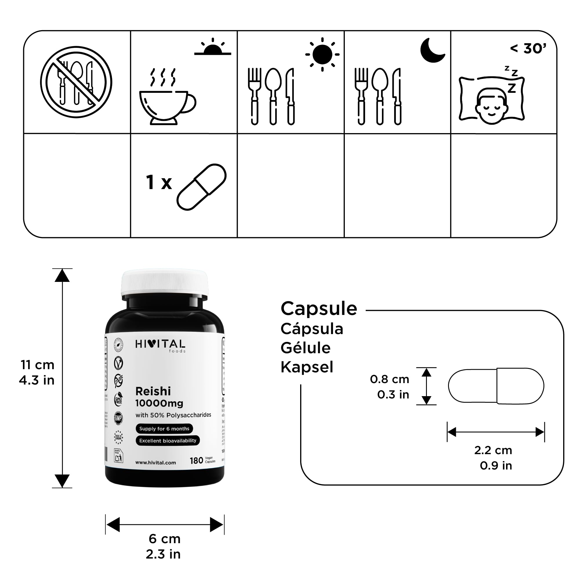Reishi pur 10000 mg. 180 gélules vegan pour 6 mois de traitement. 50% de polysaccharides, 10% de bêtaglucanes et 2% de triterpènes. Extrait de Reishi japonais 20:1. Fabriqué en Europe par HIVITAL