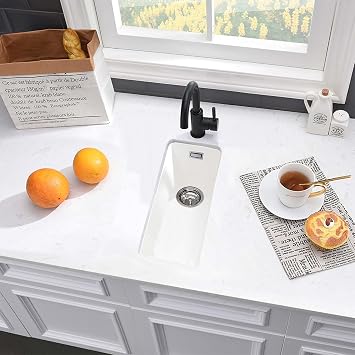 Quartz Kitchen Sink, 25x45cm/10x18in, Composite Inset/Undermount Kitchen Small White Sink Waste Kit,Single Bowl Commercial with Overflow, Suitable for Workstation