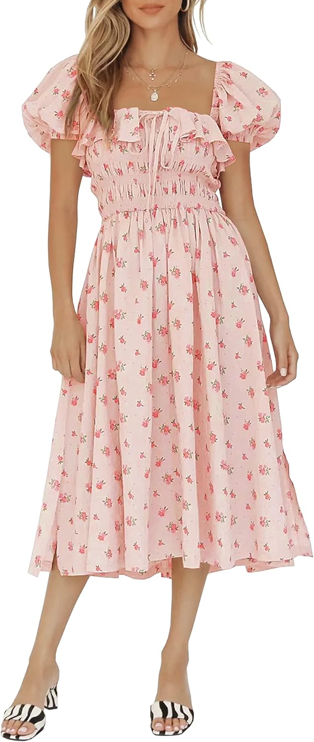 R.Vivimos Womens Summer Floral Print Puff Sleeves Vintage Ruffles Midi Dress