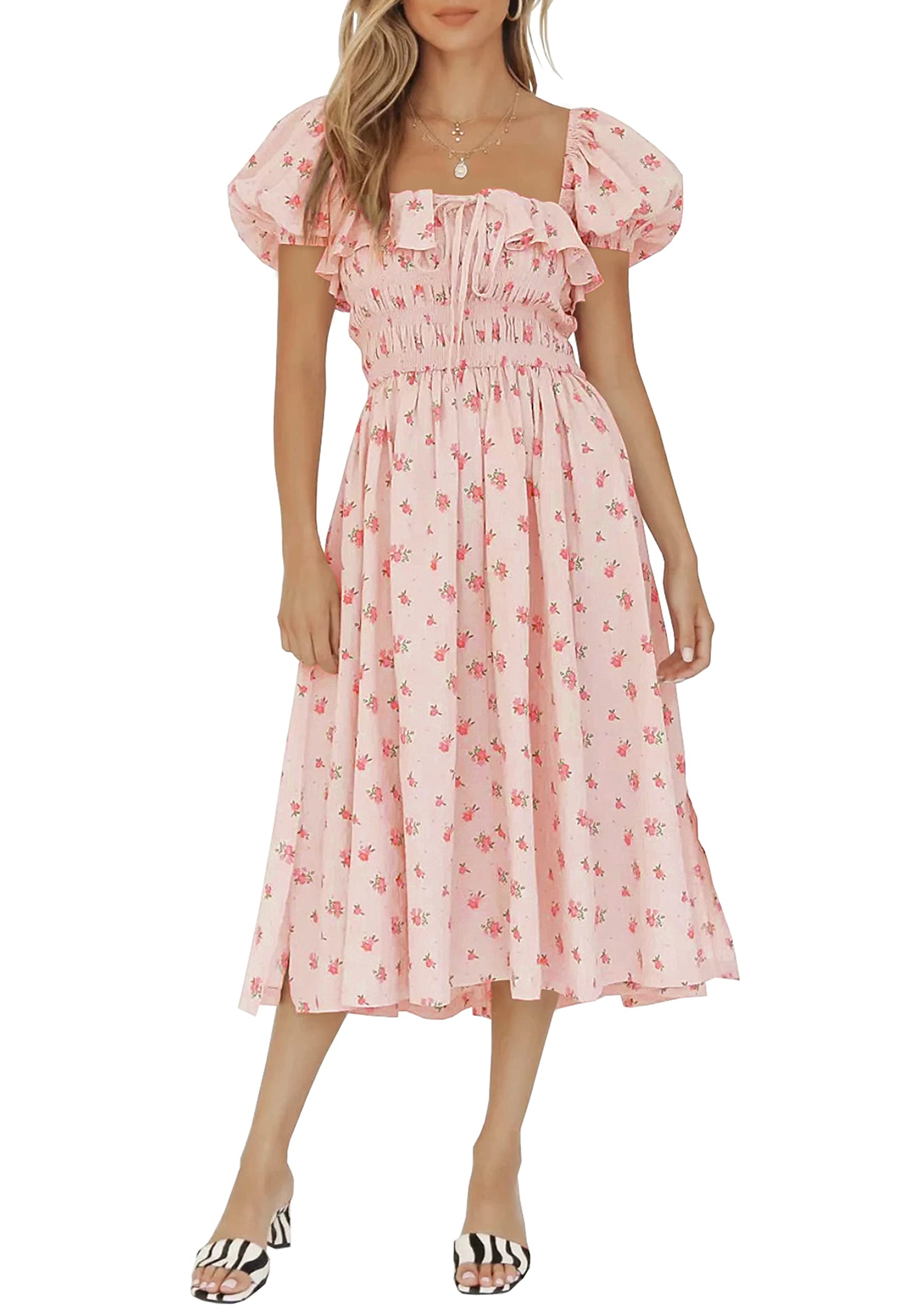 R.Vivimos Donna Casual A-Line Stampa Collo Quadrato Abito Manica a Sbuffo Orlo Alto Vita Midi Vestito Fitted Abito Vocazione