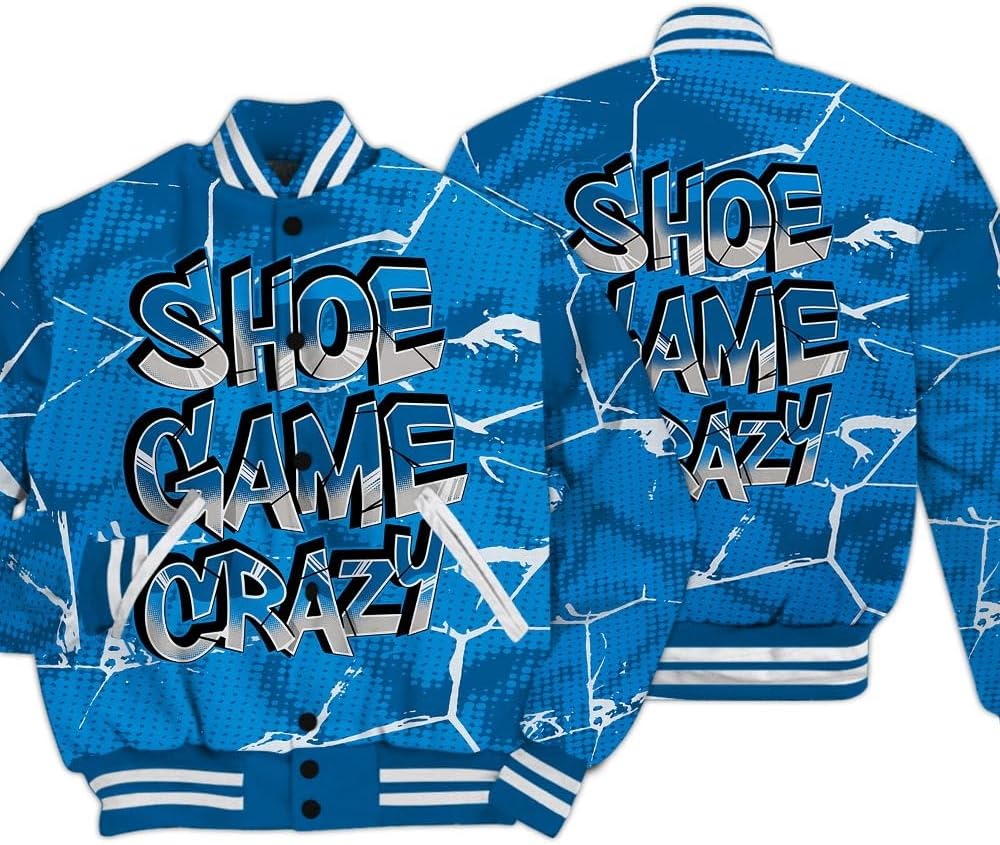 Dunkare Industrial Blue 4s Varsity Jacket, Streetwear Varsity Jacket, Shoe Game Crazy White Graphic Crack Varsity Jacket Unisex