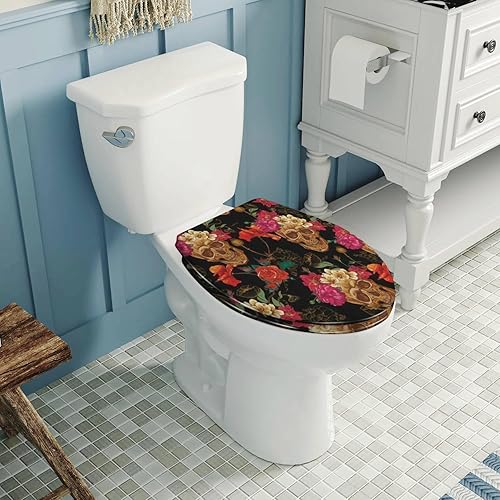 Miniatura 7 de Asiento de inodoro alargado, diseño colorido de calavera y flores, asiento de inodoro de resina con bisagras de liberación rápida de cierre