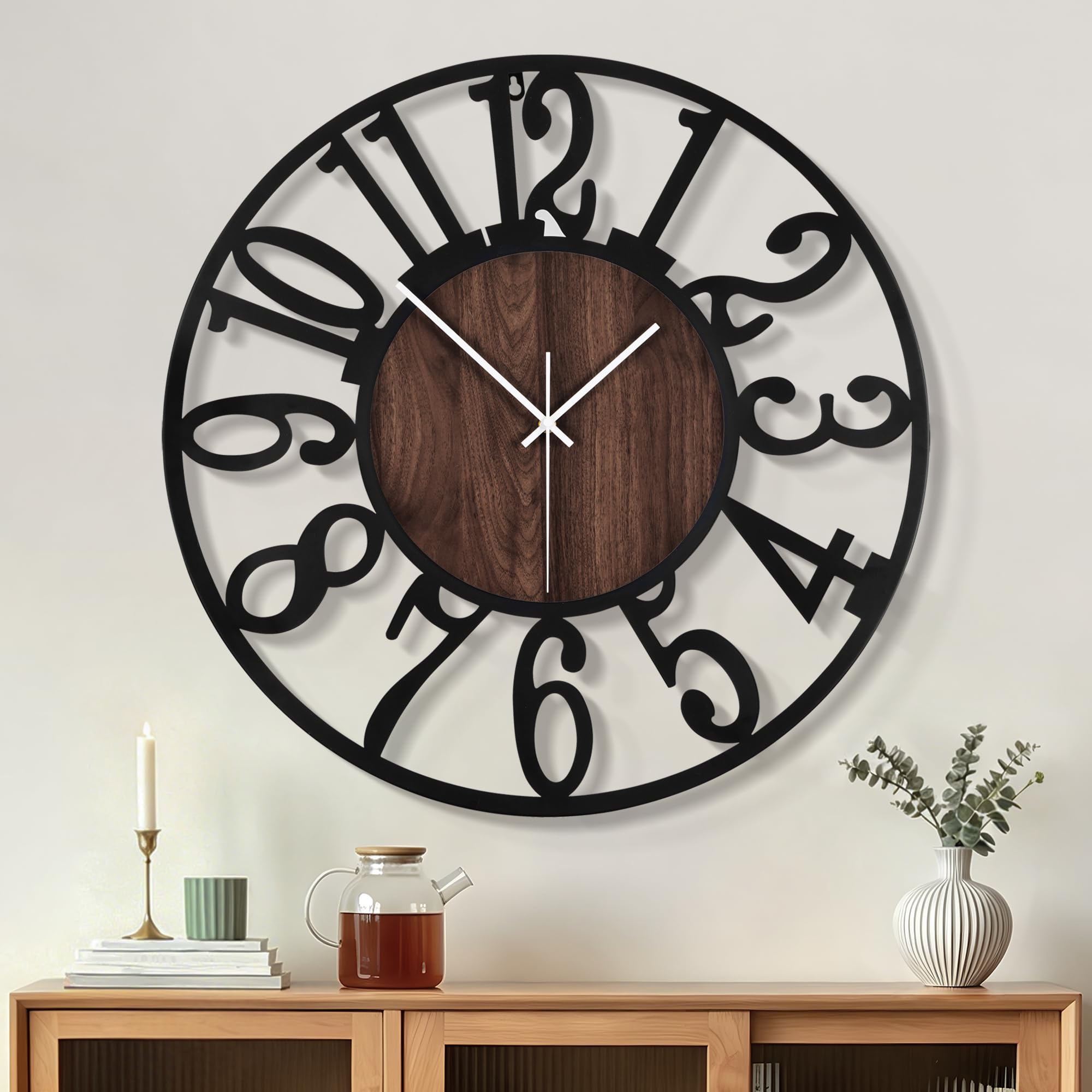 HAITANG Large Wall Clocks for Living Room,Silent,Non Ticking,Battery Operated Oversized Vintage Round Modern Wood Wall Clock for Bedroom,Farmhouse,Office Home Decor-24IN(60cm, Black-Arabic Number)