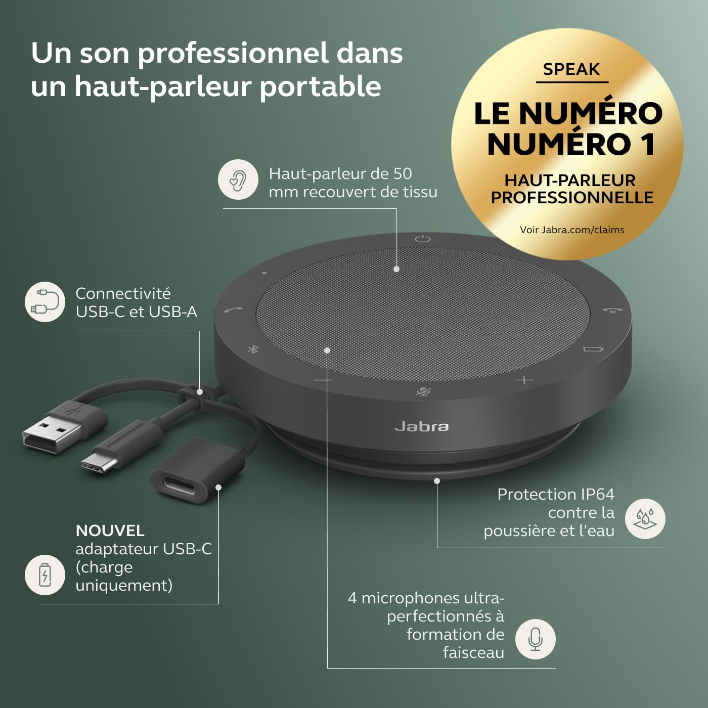 Jabra Speak2 55 Haut-Parleur Bluetooth sans Fil, 4 Micros Antibruit, Haut-Parleur 50 mm Pleine Gamme, Audio Large Bande, Compact et Portable, Certifié MS Teams, Gris Foncé