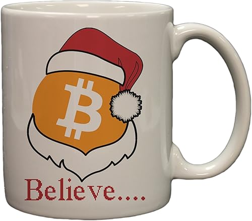 Bitcoin Logo WSanta Hat"Believe" Taza de café de cerámica de 11 onzas