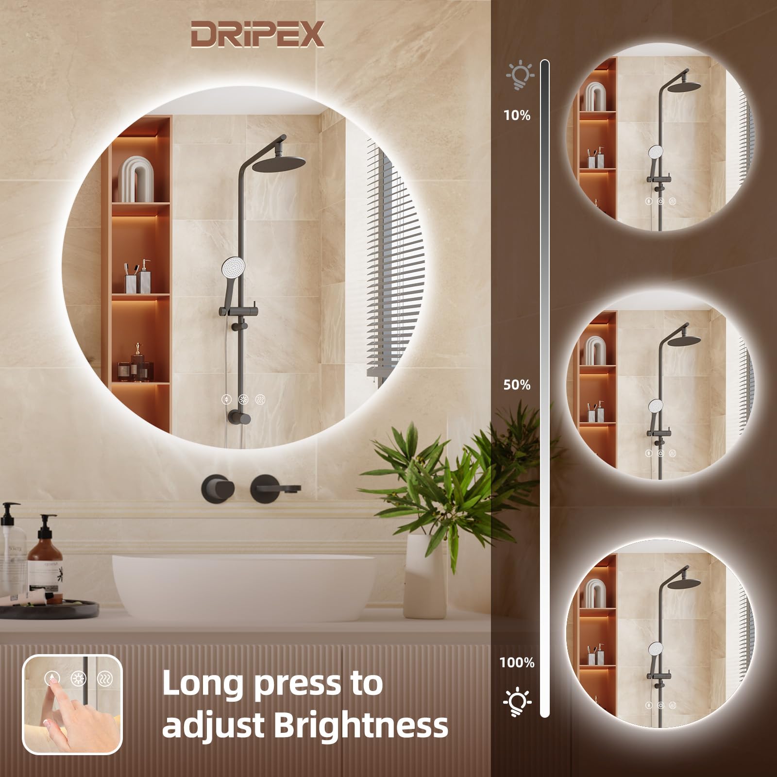 Dripex Miroir Salle de Bain 70cm, Miroir LED Rond Anti-buée, 3 Couleurs, Dimmable, Interrupteur Tactile