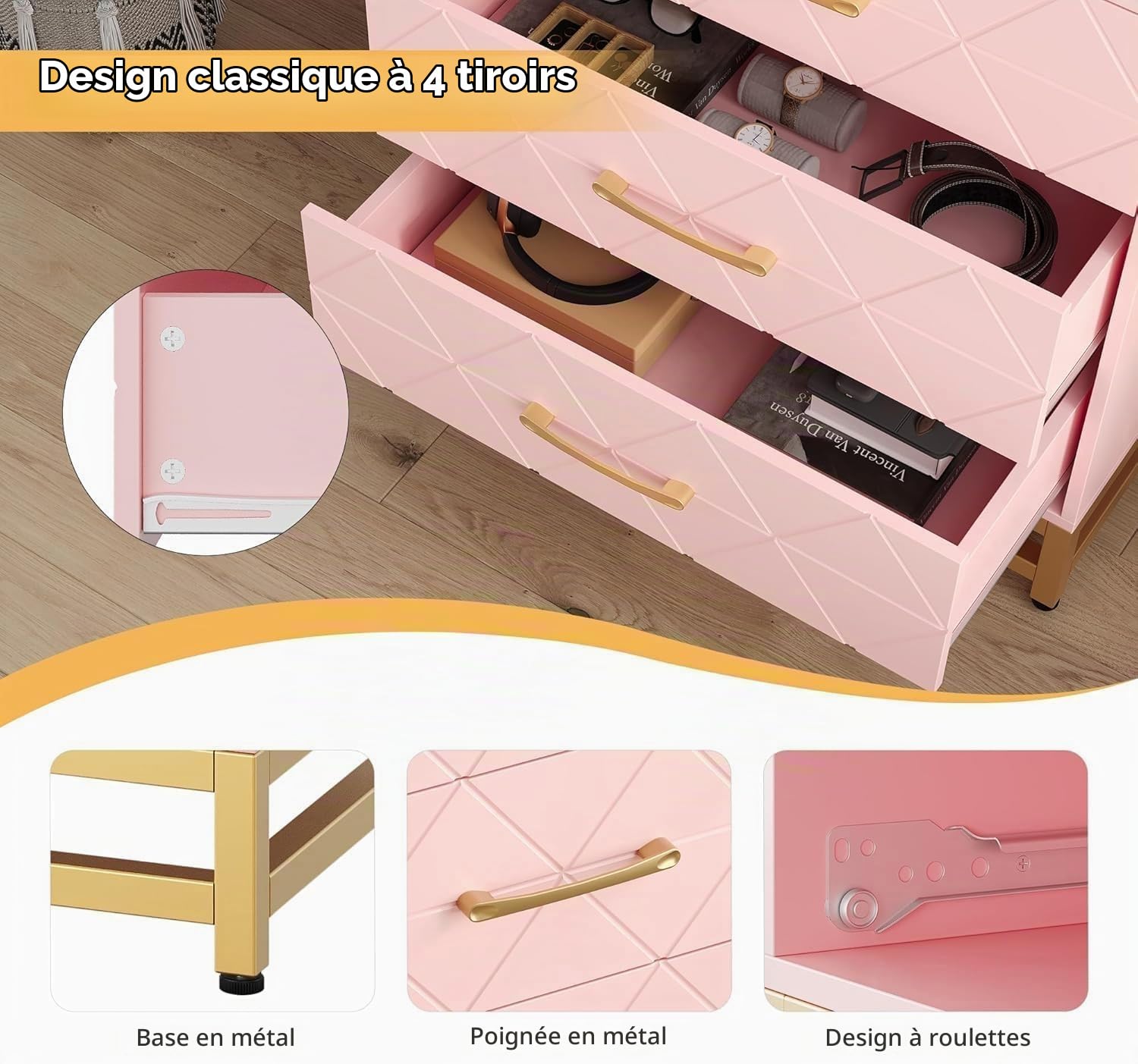 Garvee Commode à 4 Tiroirs pour Chambre, Commodes Modernes avec Tiroirs Larges et Poignées Métalliques, Commodes en Bois 61x40x93 cm (Rose)