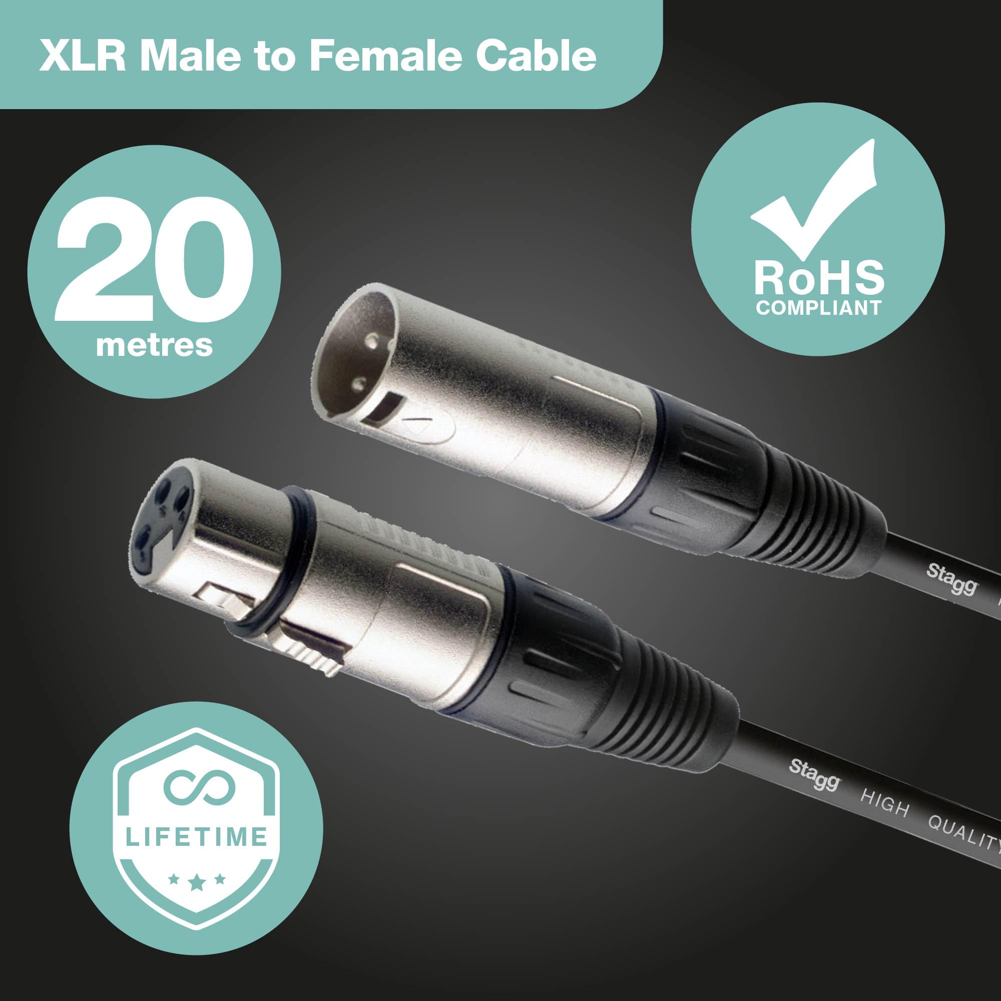 Stagg SMC20 Cable del micrófono 20M (XLR a XLR conector), Negro