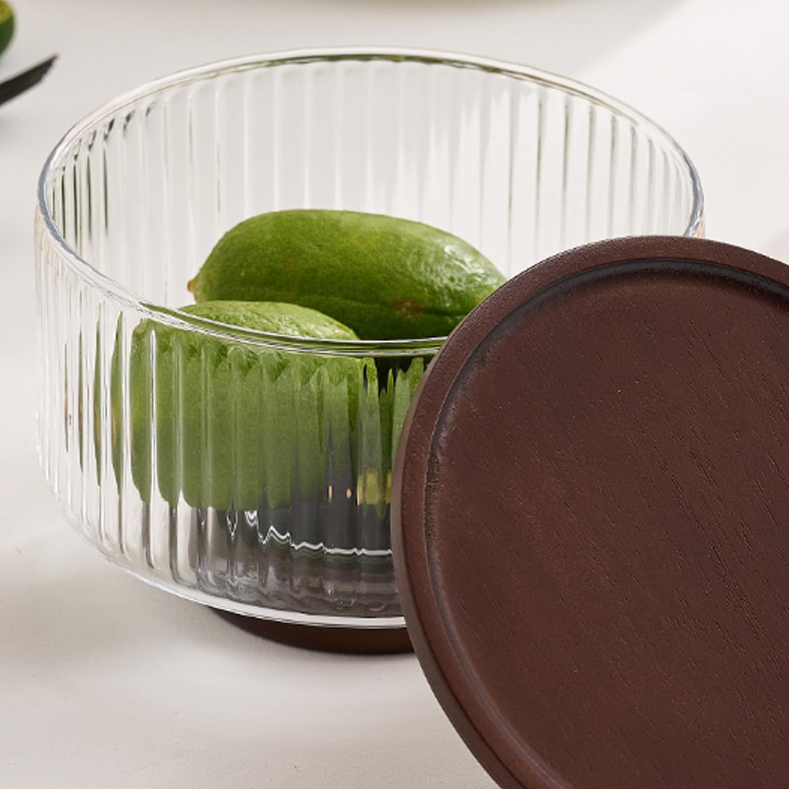 Qcwwy Ensaladeras de Vidrio con Tapas Ensaladera de Vidrio con Base de Madera Ensaladeras Elegance de Decorativas para Ensaladas Frutas Ideal para Reuniones Vajilla (S)