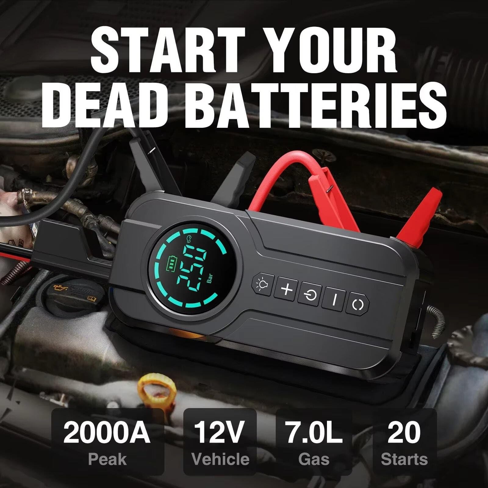 Compressori Portatili Avviatore Portatile per Batteria per Auto 2000A con Emergenza di Potenza del compressore d'Aria 150PSI per Veicoli 12V Compressore Aria Portatile Auto