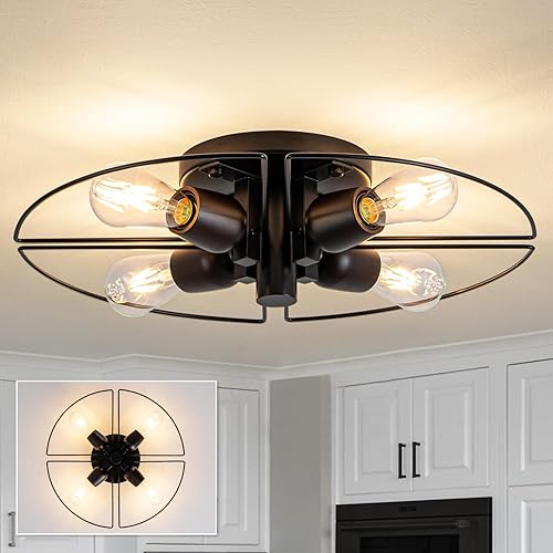 Lámpara Sputnik de 4 Luces Negra de Montaje al Ras Luces de Techo Industrial de Madera 21" Luces de Techo Modernas Estilo Granja para Cocina Negro