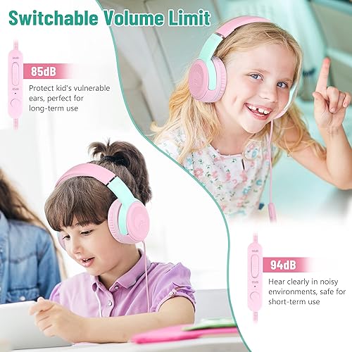 Miniatura 5 de rockpapa Share 1 Auriculares para niños con cable con micrófono y puerto compartido, 85dB94dB volumen limitado, lindo plegable estudiantes niños