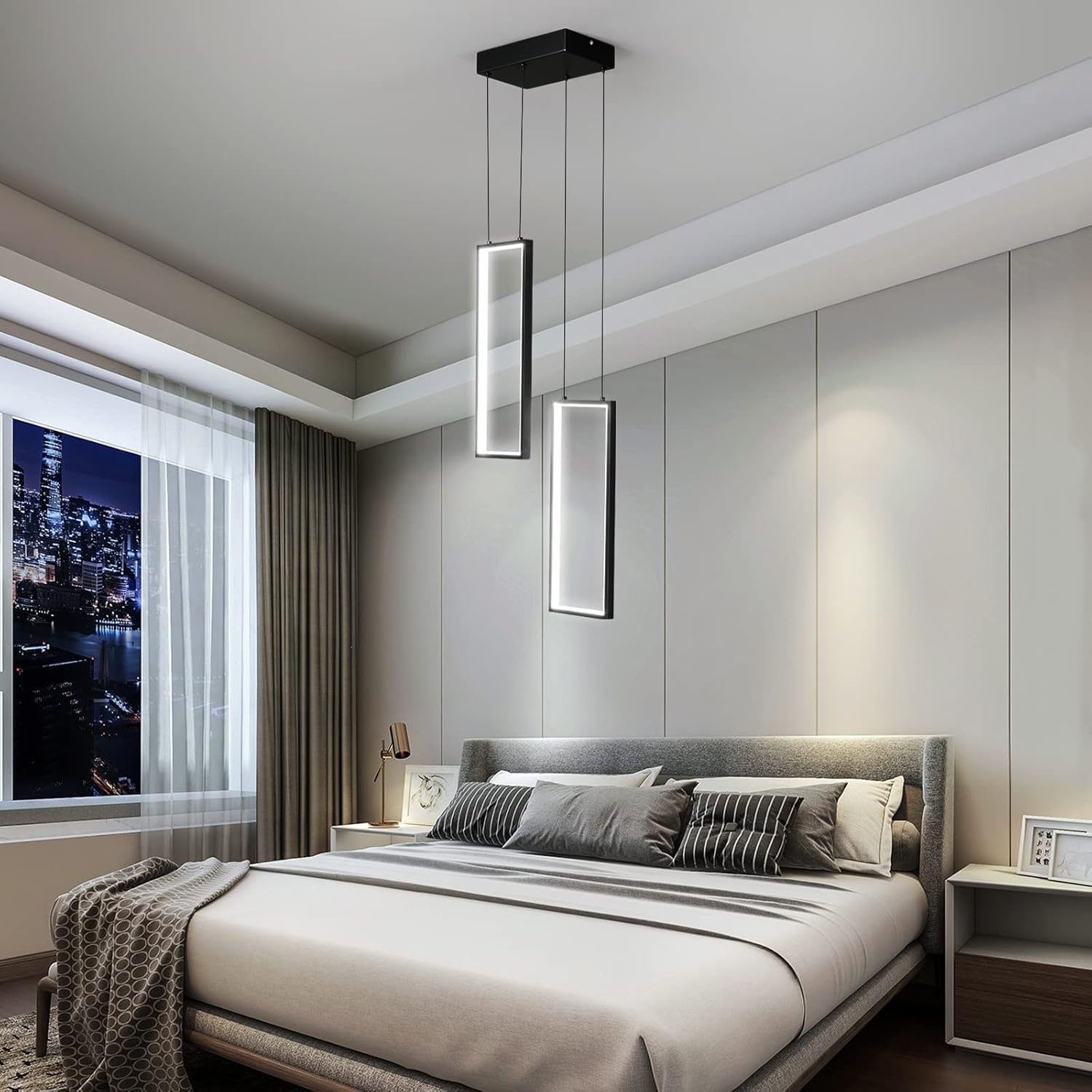 Modern Kitchen Pendant Light Fixture Black 18W LED Pendant Light 2 Rings Rectangle Chandelier Pendant Lighting for Kitchen Island Living Room Dining Room Bedroom