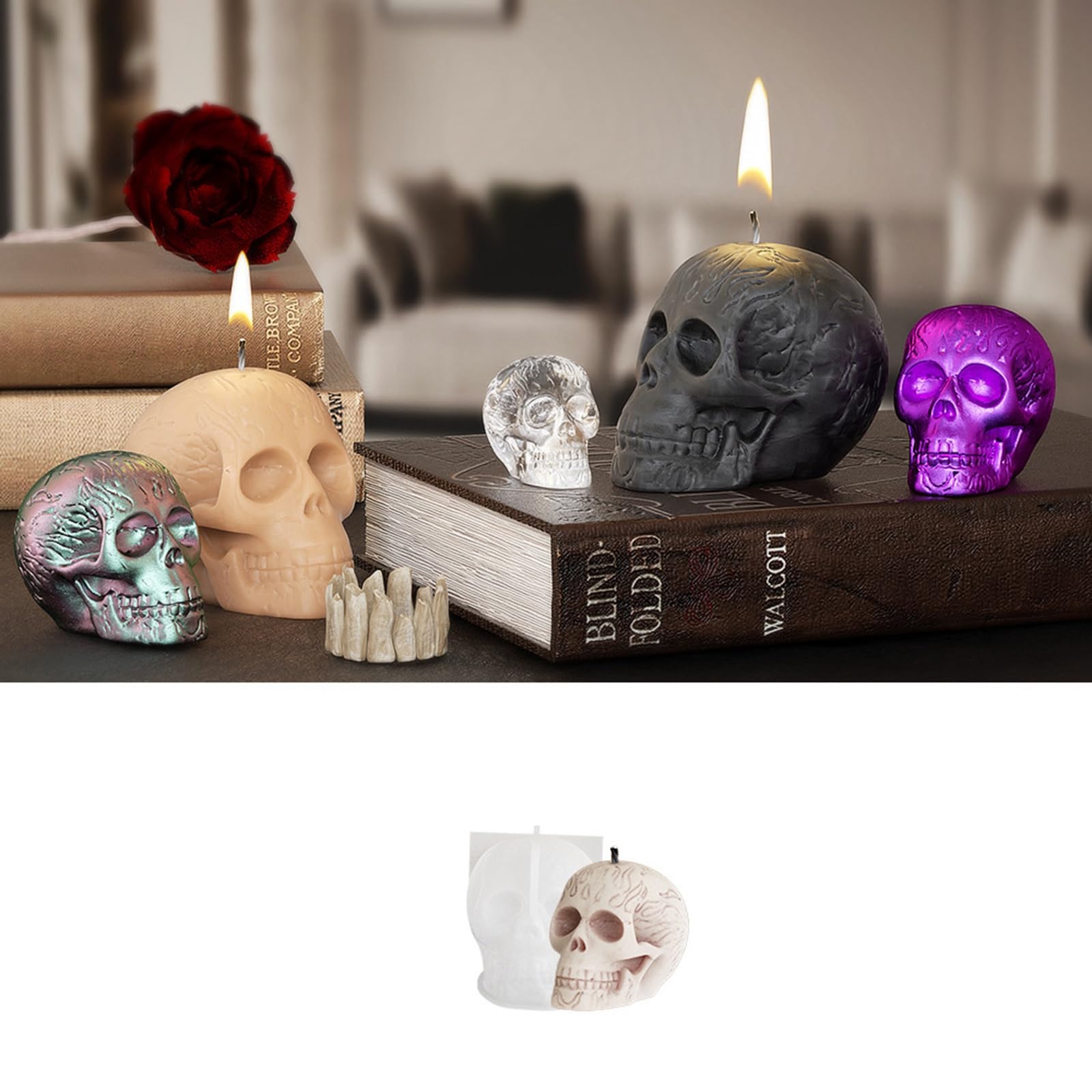 Stiesy Skull Candle Moulds, 5Pcs Halloween Silicone Scented Candle Making Mold, 3D Skeleton Resin Mould Skull Gypsum Molds for DIY Wax Soap Candles Aromatherapy Crafts Home Table Party Decor