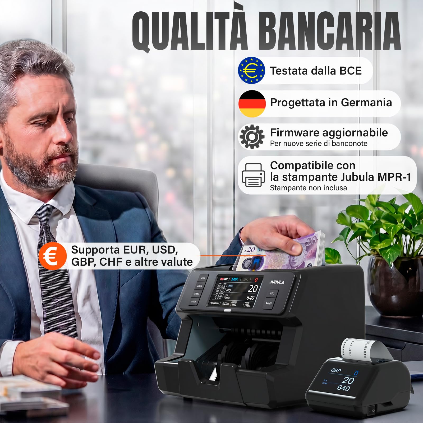 MV-400 contabanconote 1CIS con touchscreen | sicuro, preciso, veloce | rileva soldi falsi | conteggio misto, rilevamento banconote false testato BCE, 10 valute