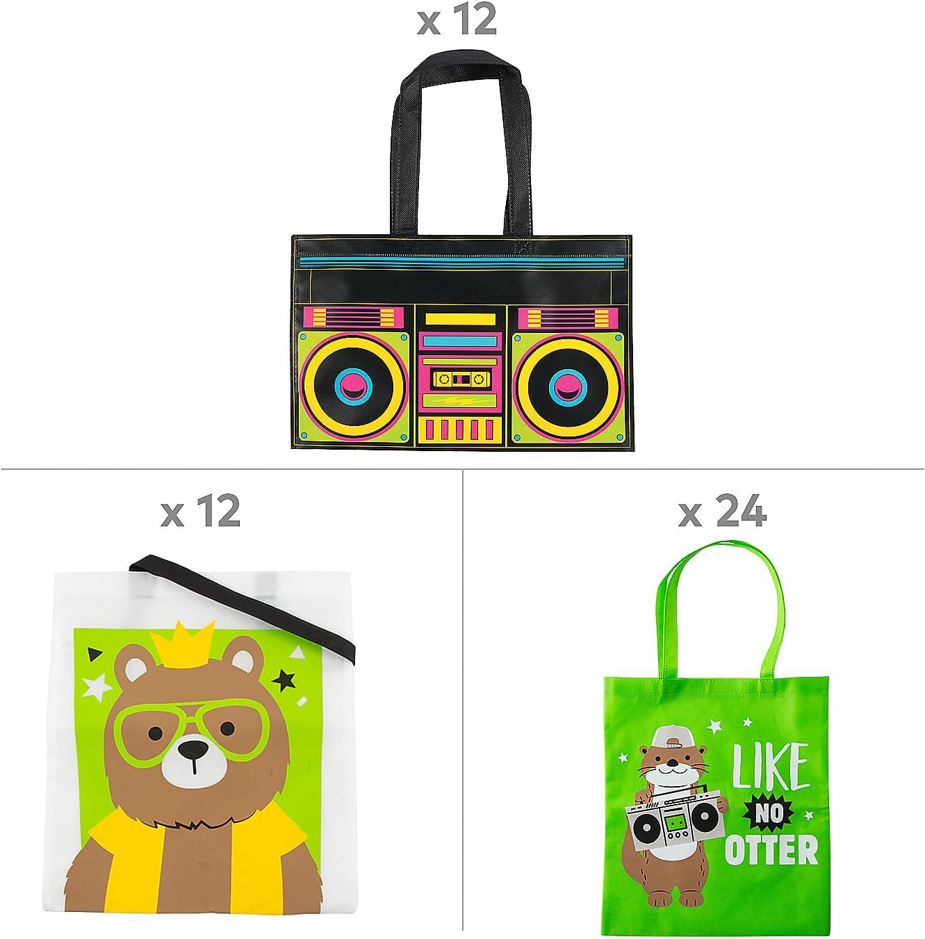 Fun Express 9" 17" Bulk 48 Pieces Party Animal Nonwoven Tote Bag Kit Assortment