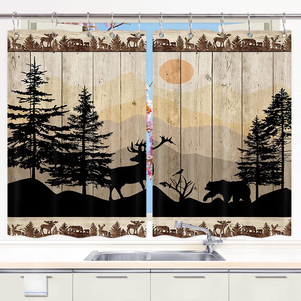 NYMB Cabin Window Curtains, Rustic Window Drapes, Cute Bear Deer Forest Print on Country Farmhouse Lodge Wooden Board Draperies for Kitchen Bedroom