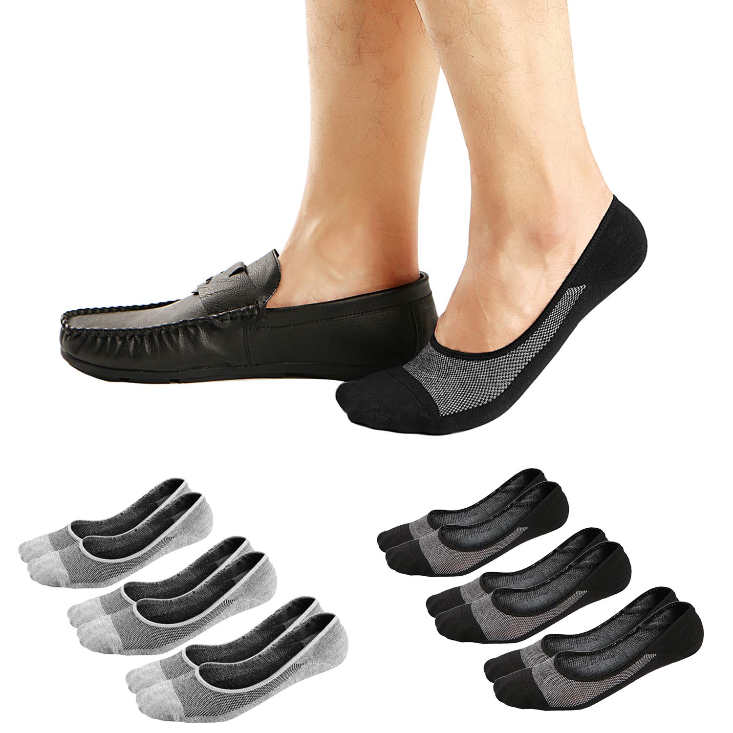 Ueither Men's Black/Gray (3 Pairs Each) No Show Socks Invisible Liner Loafers Sneakers Socks Non Slip (, 9.5-13.5)