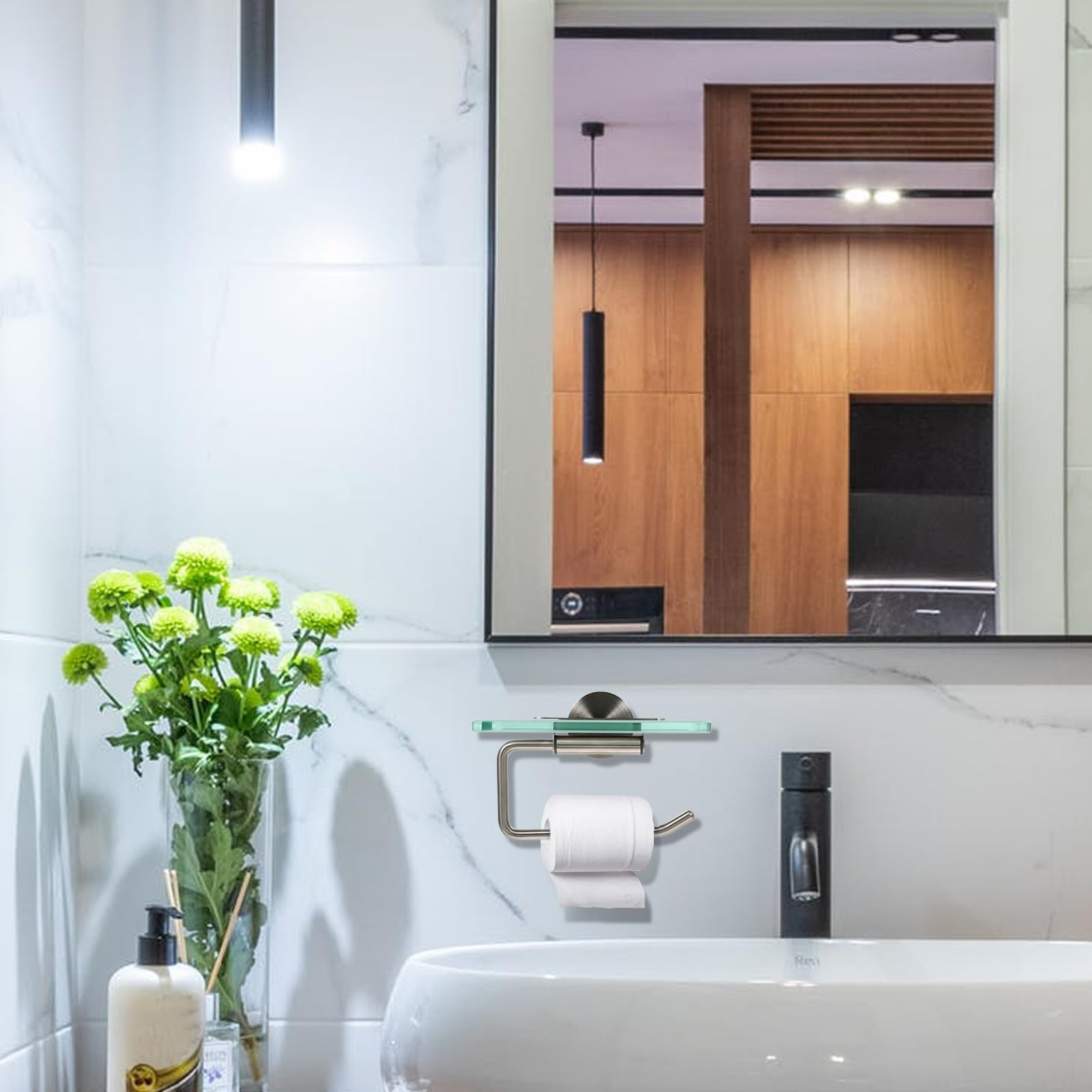 Sosoport Portarotolo Facile da in Acciaio Inossidabile e Vetro a Muro Design Salvaspazio Stile Semplice e Moderno per Bagno e Soggiorno