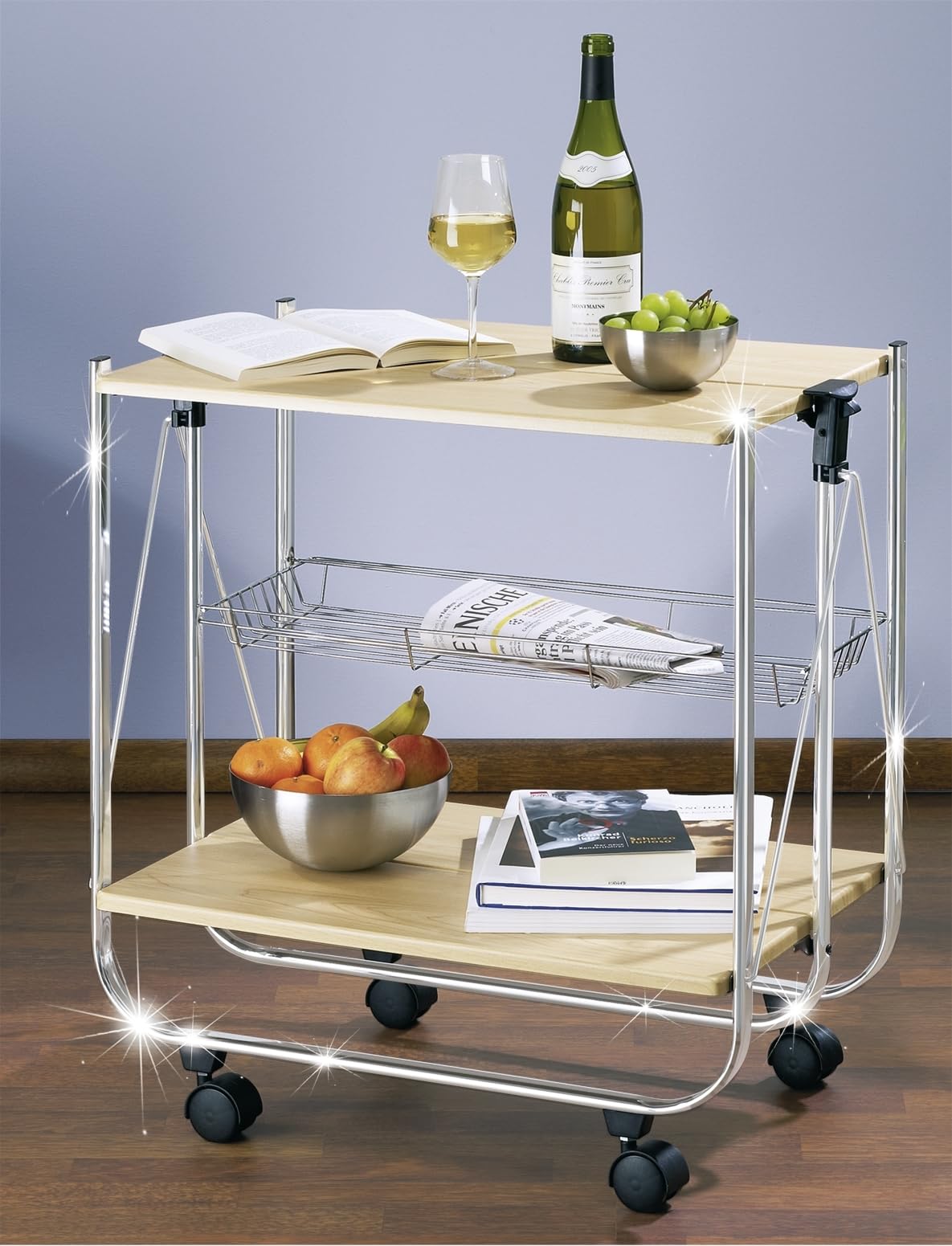 WENKO Chariot de Service Dinett Deluxe érable, 2 étagères & Panier grillagé allongé, avec 4 roulettes faciles à manier, Rabattable, en Acier chromé Robuste, Charge maximale 40 kg