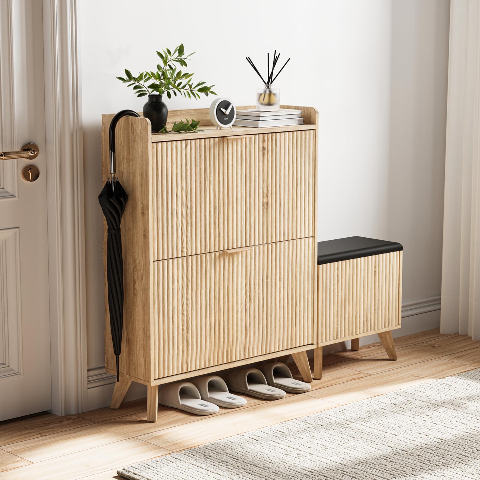 Fluted Shoe Cabinet Storage with 1 Bench &amp; 2 Flip Drawers