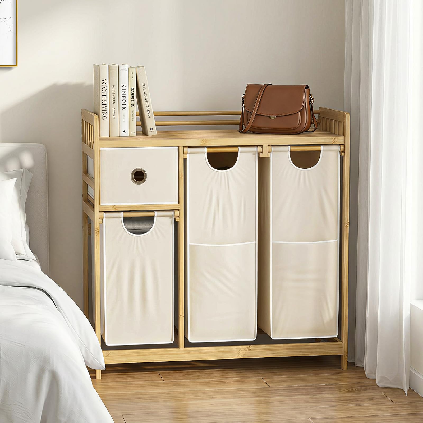 Wäschekorb 3 Fächer Bambus, Wäschesammler 127 L, Wäsche Sortiersystem, Wäschesortierer mit Schublade, Wäscheregal, Wäschesack für Bad Schlafzimmer Waschküche 78 x 41 x 78 cm