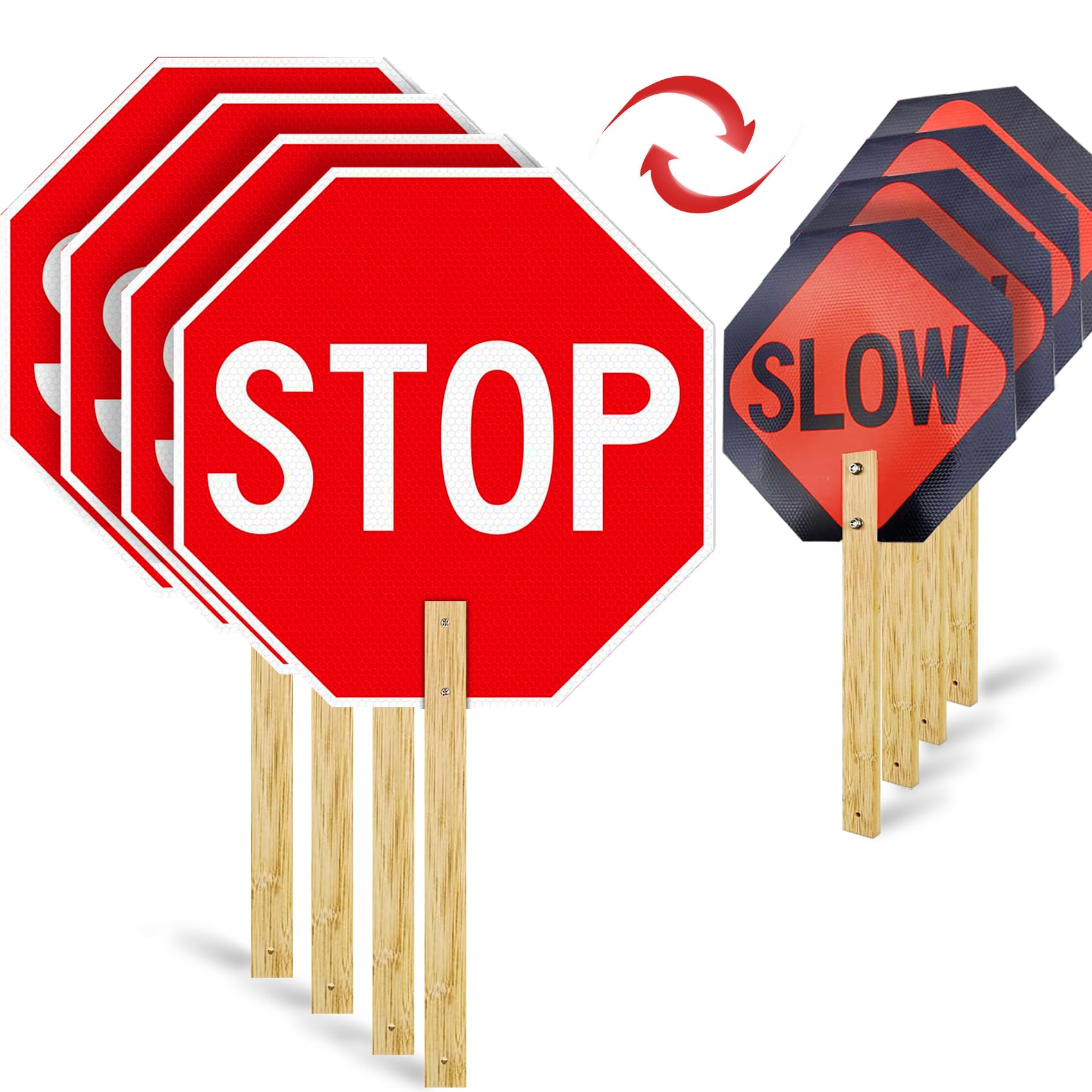 4 Pack Stop Slow Sign, 13” x 13” Handheld Stop Sign, Aluminum Crossing Guard Signs with Handle, Double Sided Reflective Signs, Waterproof, Weather Resistant