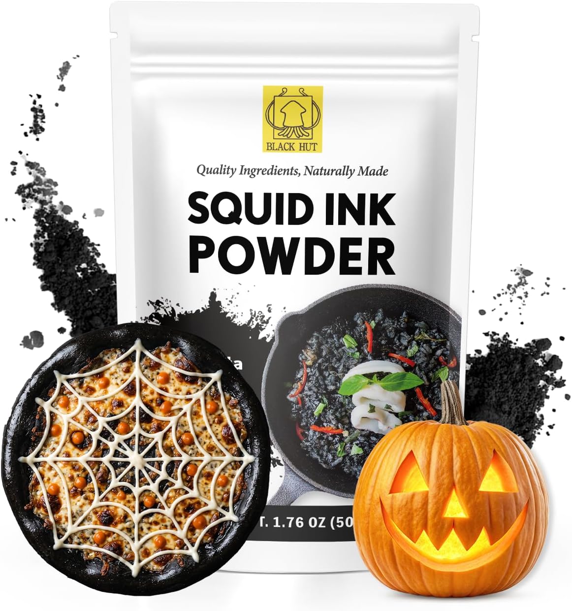 Black Hut Squid Ink Powder for Cooking, Black Food Coloring, 1.76oz, 1 Pack | Coloring Powder for Rice Noodles Pasta Spaghetti Risotto, Squid Ink for Cooking, Halal Certificate