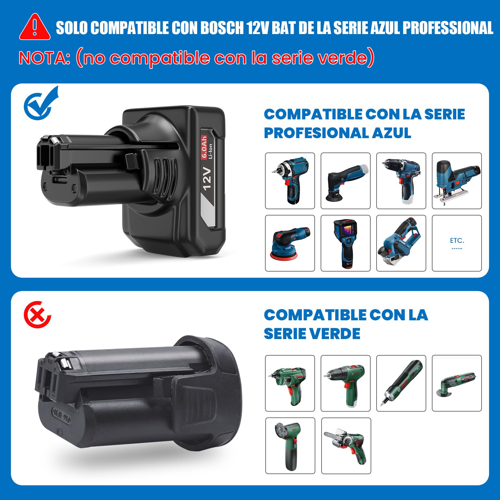 Batería de Repuesto para batería Bosch 12V: 6,0Ah Li-Ion batería Compatible BAT420 BAT411 BAT411A BAT412 BAT413 (2 Unidades)