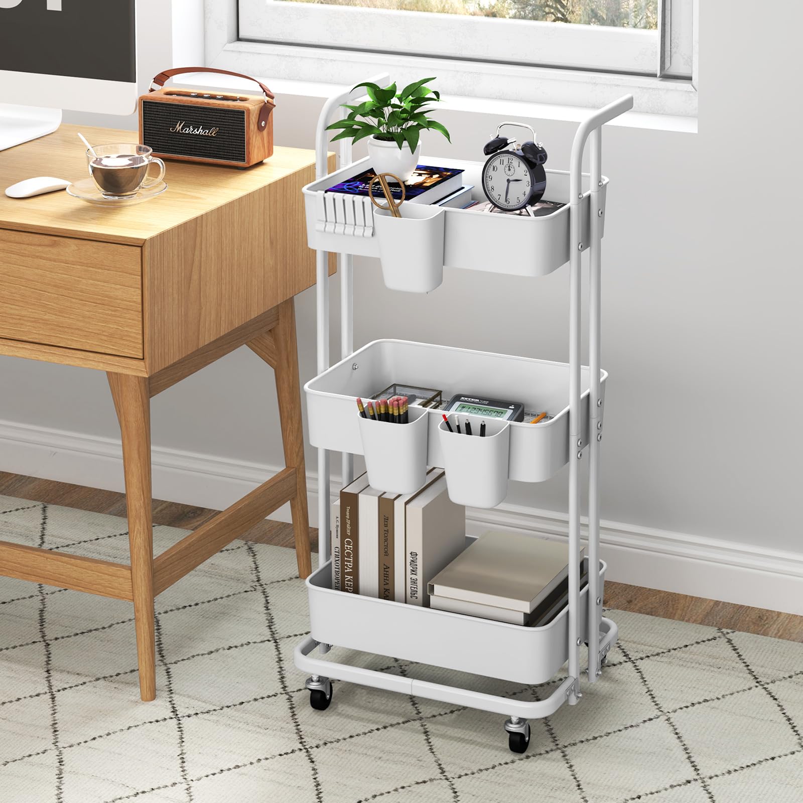 RELAX4LIFE Carrello di Stoccaggio Pieghevole a 3 Livelli, Carrello da Cucina con 3 Portabicchieri Appesi, 6 Ganci, Ruote Bloccabili, Carrello da Servizio per Cucina, Soggiorno, Sala da Pranzo