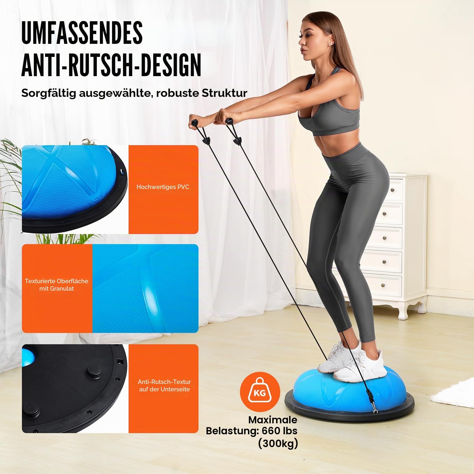 VEVOR Halb-Gymnastikball-Trainer, 58 cm Balance-Ball-Trainer, 300 kg Yoga-Ball mit Widerstandsbändern und Pumpe, Kraft-Fitnessball für das Heim-Fitnessstudio, Ganzkörpertraining, Blau