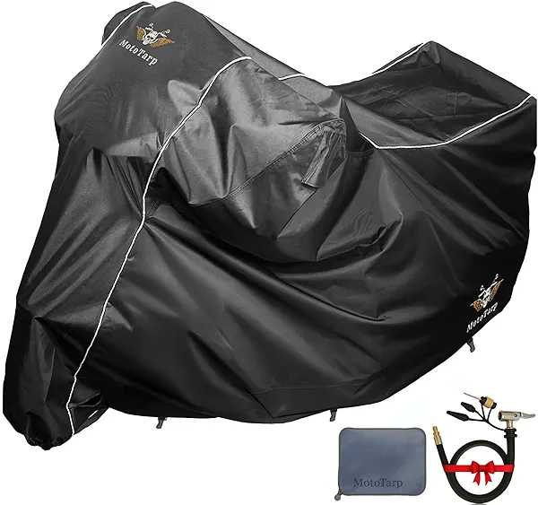 MotoTarp 600D Heavy Duty Motorcycle Cover 100% Waterproof; License Plate Window, Exhaust Heat Guard, Night Reflectors, Wheel Lock Slots (Black, 4XL 116X43X55)